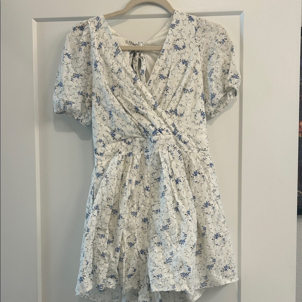 Storia Cream and Blue Floral Wrap Romper